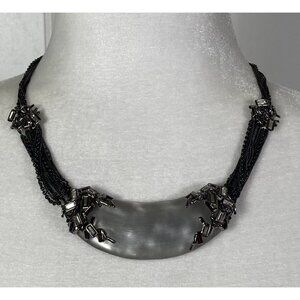 Alexis Bittar Necklace Hand Carved Lucite Crescent Crystal Black Silver Gray
